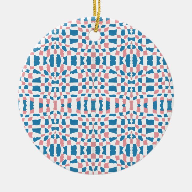 Retro Mod Pink Blue Checkerboard Abstract Ceramic Ornament (Front)