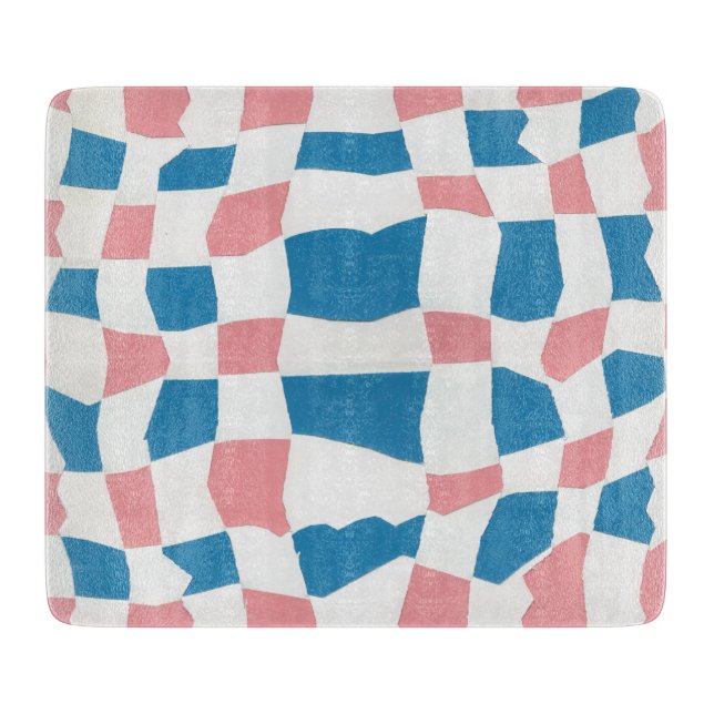 Retro Mod Pink Blue Checkerboard Abstract Cutting Board (Front)