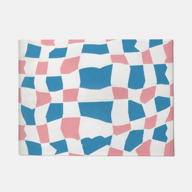 Retro Mod Pink Blue Checkerboard Abstract Doormat (Front)