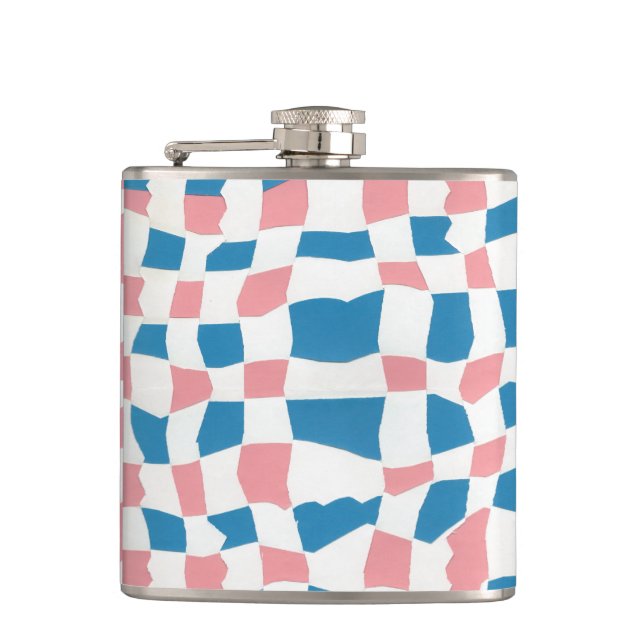 Retro Mod Pink Blue Checkerboard Abstract Flask (Front)