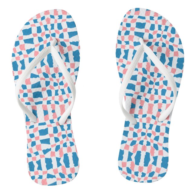 Retro Mod Pink Blue Checkerboard Abstract Flip Flops (Footbed)