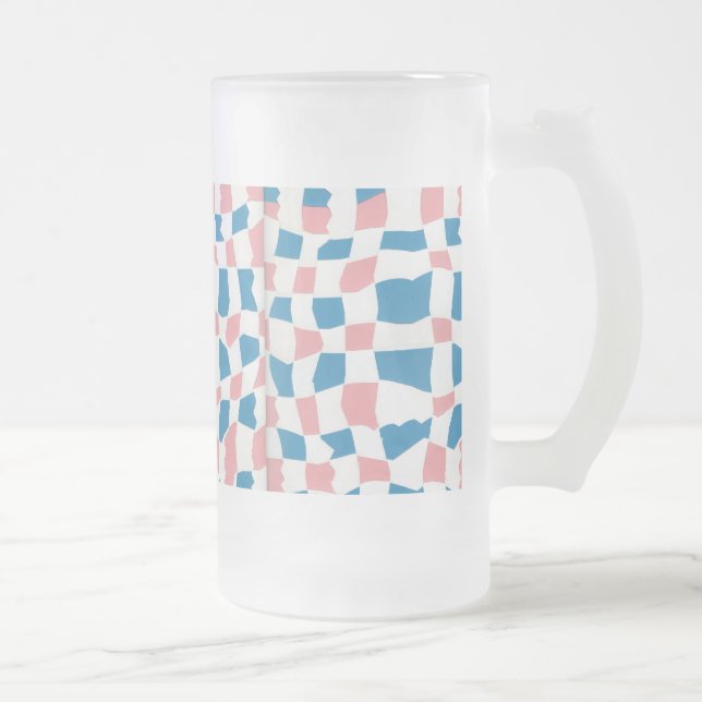 Retro Mod Pink Blue Checkerboard Abstract Frosted Glass Beer Mug (Right)