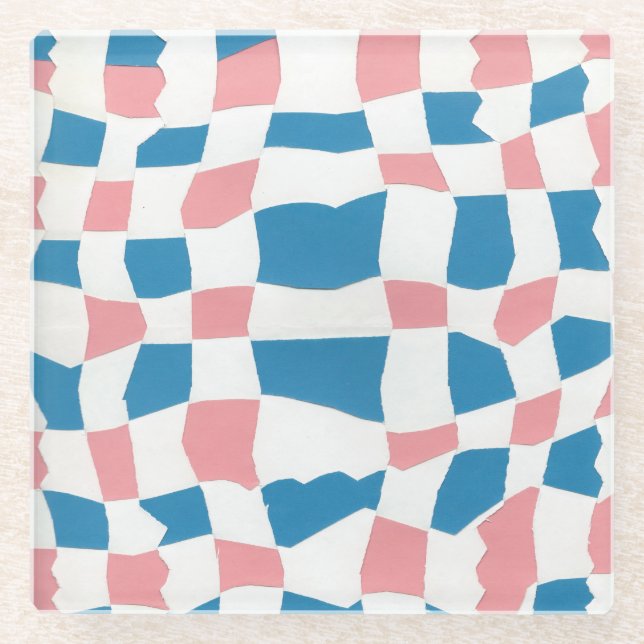 Retro Mod Pink Blue Checkerboard Abstract Glass Coaster (Front)