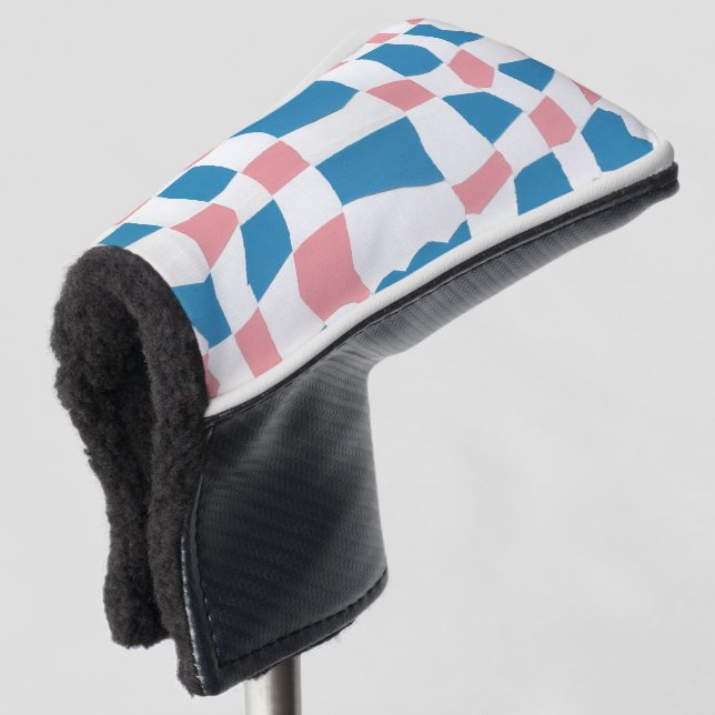 Retro Mod Pink Blue Checkerboard Abstract Golf Head Cover (3/4 Front)