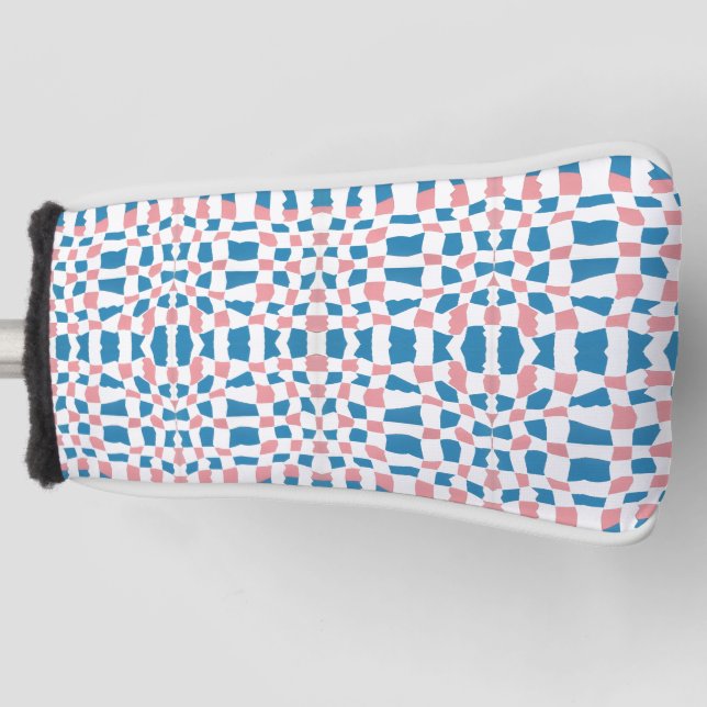 Retro Mod Pink Blue Checkerboard Abstract Golf Head Cover (Front)