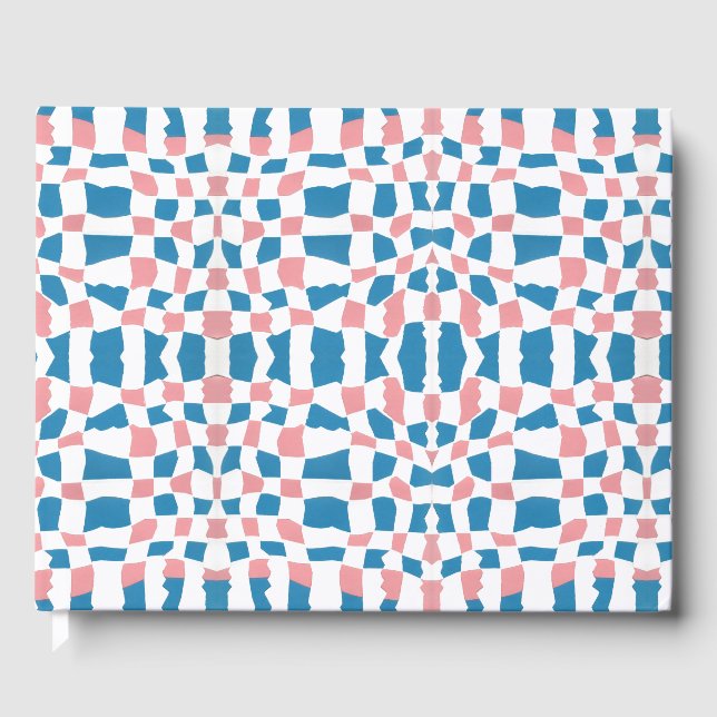 Retro Mod Pink Blue Checkerboard Abstract Guest Book (Front)