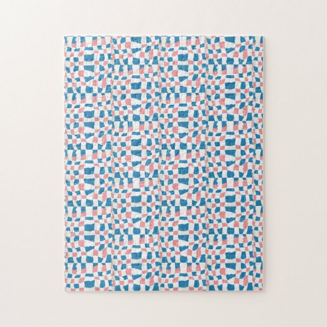 Retro Mod Pink Blue Checkerboard Abstract Jigsaw Puzzle (Vertical)