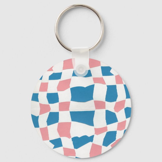Retro Mod Pink Blue Checkerboard Abstract Keychain (Front)