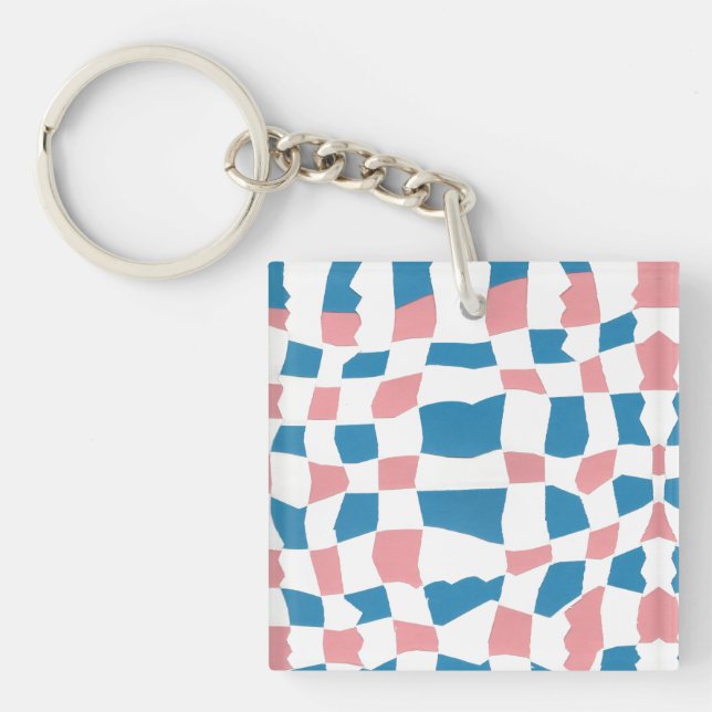 Retro Mod Pink Blue Checkerboard Abstract Keychain (Front)