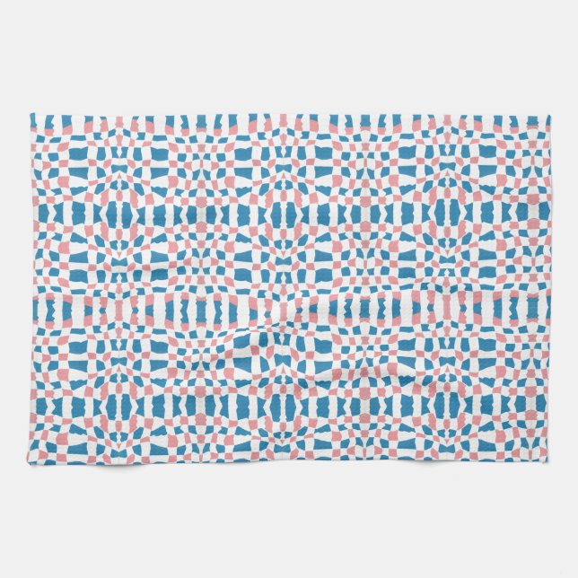 Retro Mod Pink Blue Checkerboard Abstract Kitchen Towel (Horizontal)