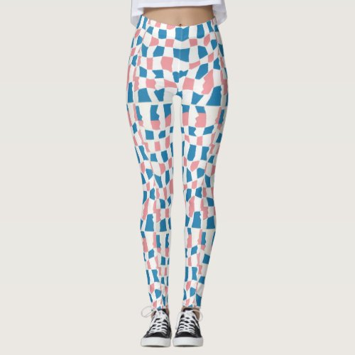 Retro Mod Pink Blue Checkerboard Abstract Leggings