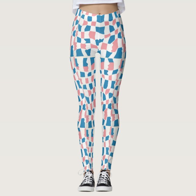 Retro Mod Pink Blue Checkerboard Abstract Leggings (Front)