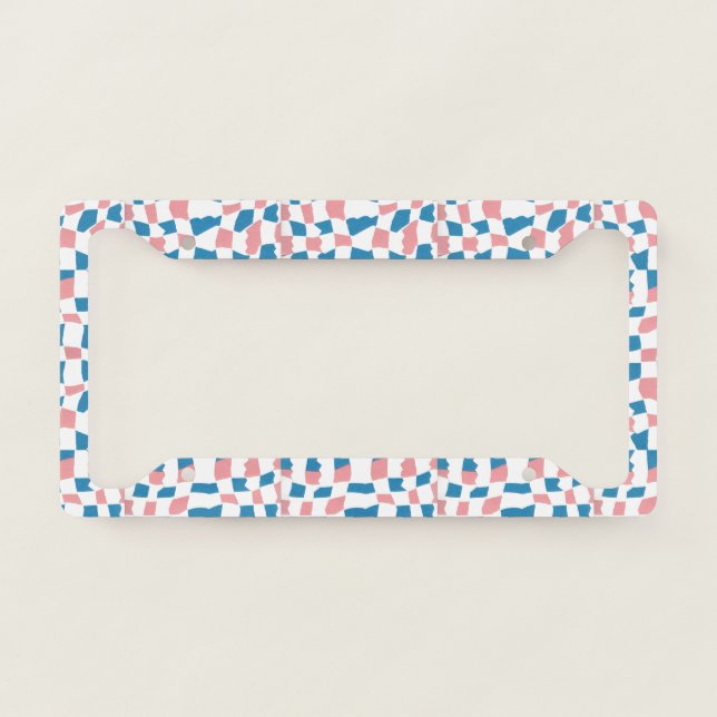 Retro Mod Pink Blue Checkerboard Abstract License Plate Frame (Front)