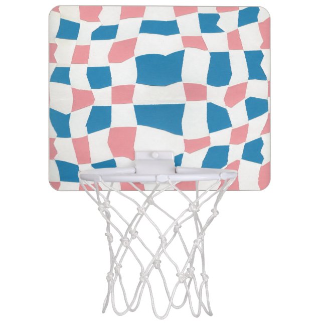Retro Mod Pink Blue Checkerboard Abstract Mini Basketball Hoop (Front)