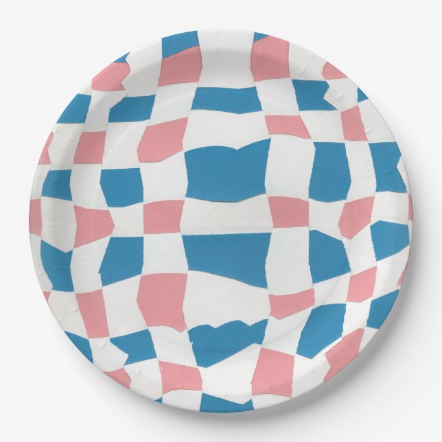Retro Mod Pink Blue Checkerboard Abstract Paper Plates (Front)