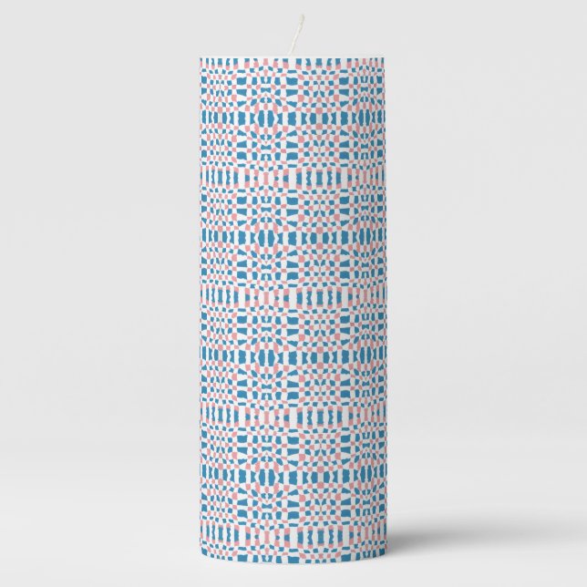 Retro Mod Pink Blue Checkerboard Abstract Pillar Candle (Front)