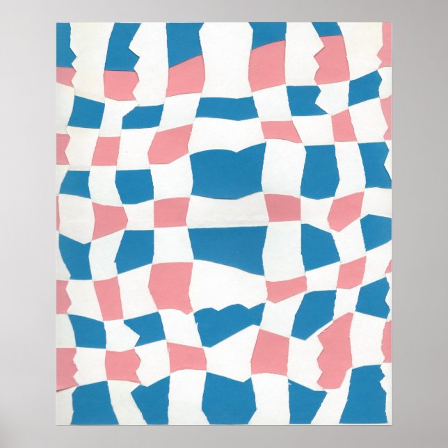 Retro Mod Pink Blue Checkerboard Abstract Poster (Front)