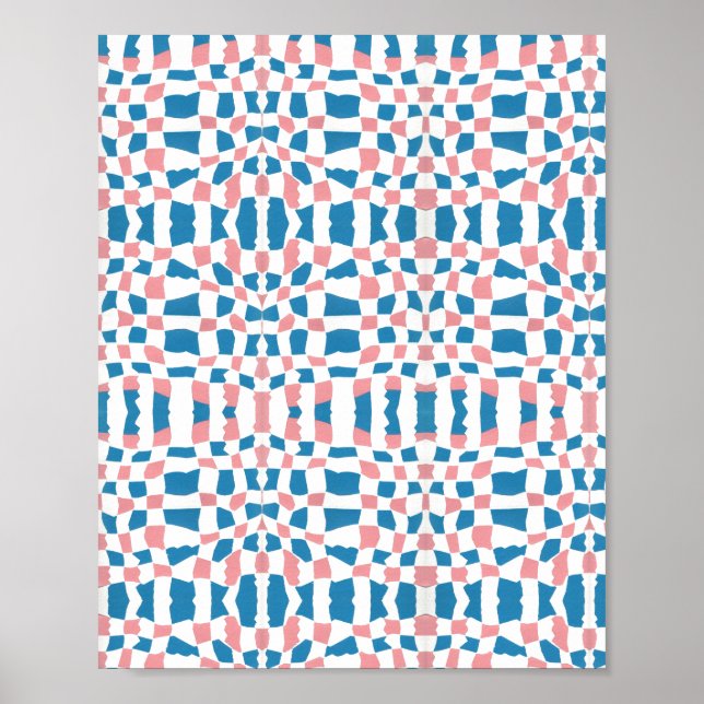 Retro Mod Pink Blue Checkerboard Abstract Poster (Front)