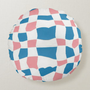 Retro Mod Pink Blue Checkerboard Abstract Round Pillow