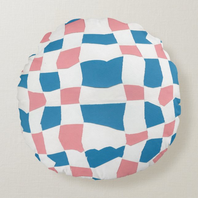 Retro Mod Pink Blue Checkerboard Abstract Round Pillow (Front)
