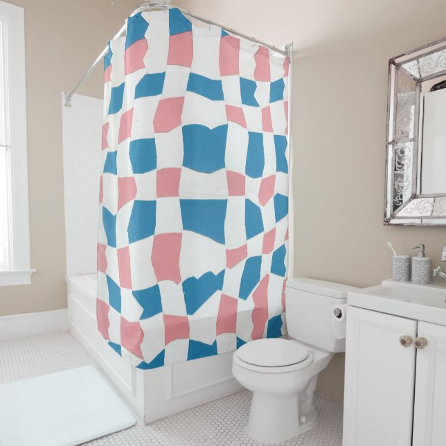 Retro Mod Pink Blue Checkerboard Abstract Shower Curtain (In Situ)