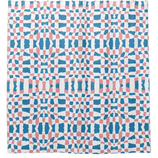 Retro Mod Pink Blue Checkerboard Abstract Shower Curtain (Front)