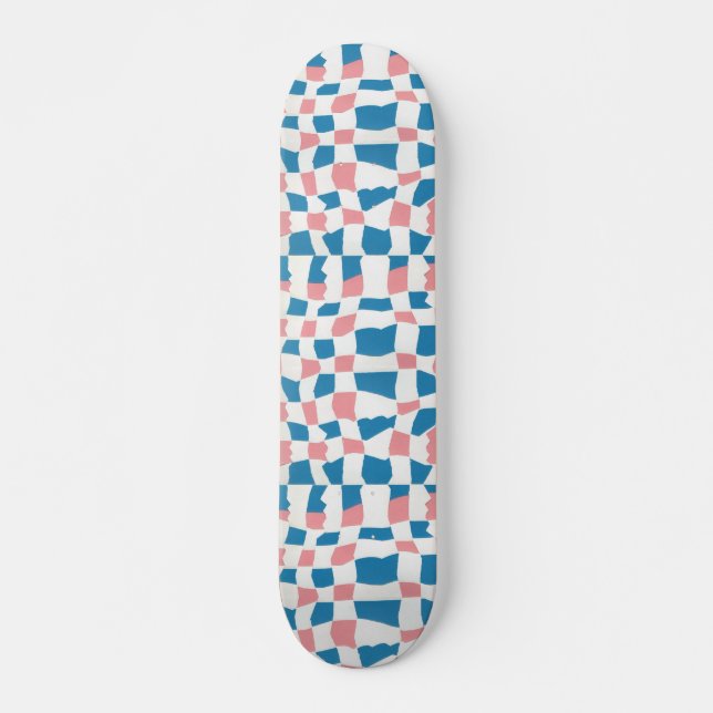 Retro Mod Pink Blue Checkerboard Abstract Skateboard (Front)