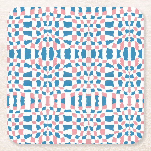 Retro Mod Pink Blue Checkerboard Abstract Square Paper Coaster (Front)