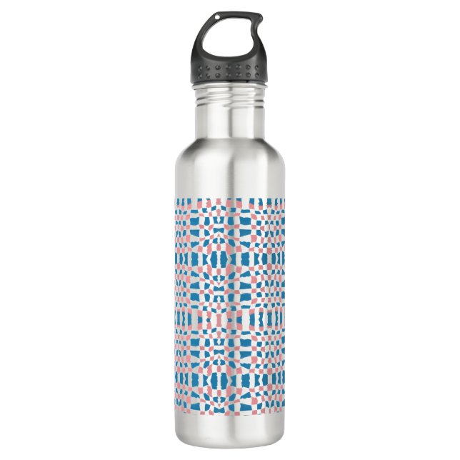 Retro Mod Pink Blue Checkerboard Abstract Stainless Steel Water Bottle (Front)
