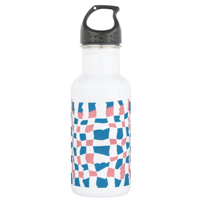 Retro Mod Pink Blue Checkerboard Abstract Stainless Steel Water Bottle (Front)
