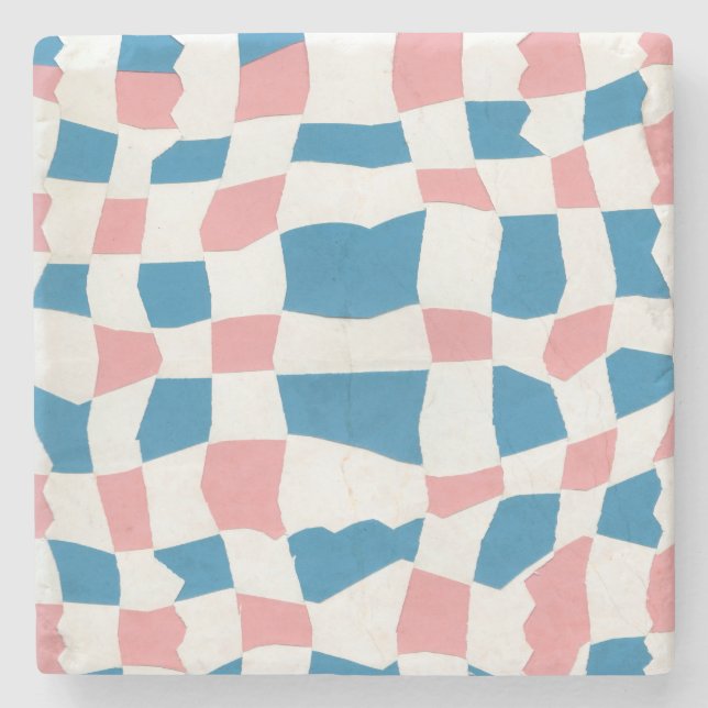 Retro Mod Pink Blue Checkerboard Abstract Stone Coaster (Front)