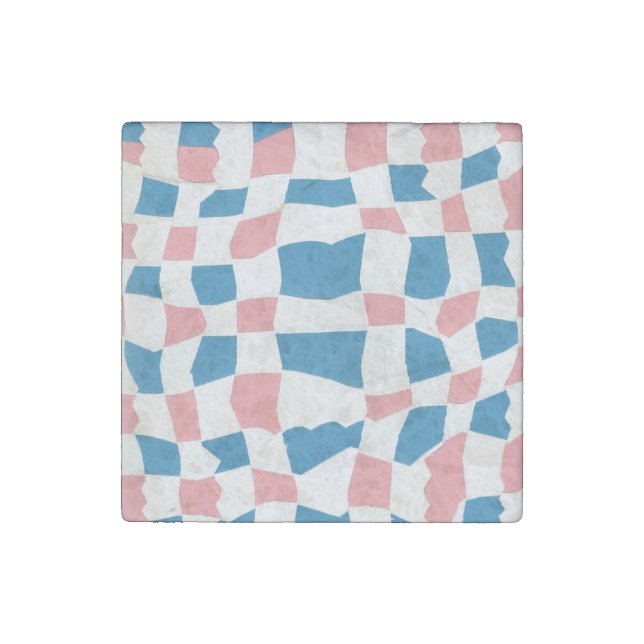 Retro Mod Pink Blue Checkerboard Abstract Stone Magnet (Front)