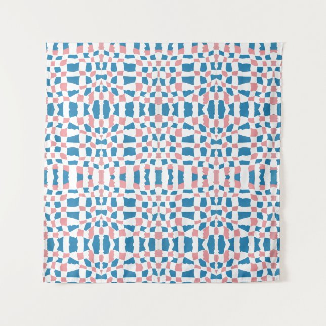 Retro Mod Pink Blue Checkerboard Abstract Tapestry (Front)