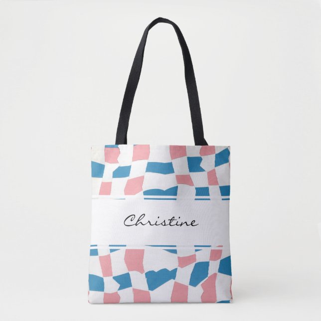 Retro Mod Pink Blue Checkerboard Abstract Tote Bag (Front)