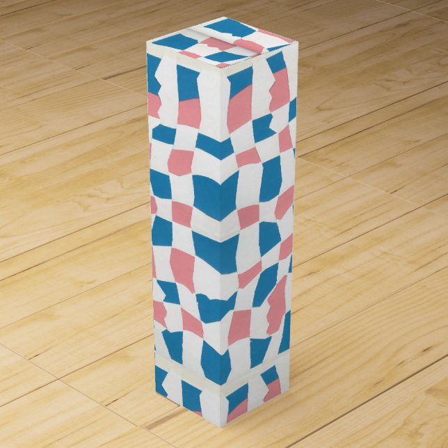 Retro Mod Pink Blue Checkerboard Abstract Wine Box (Front)