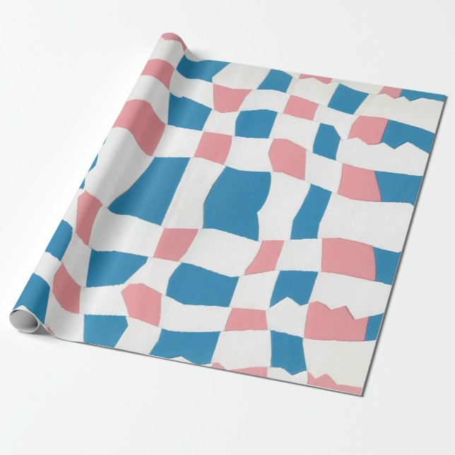 Retro Mod Pink Blue Checkerboard Abstract Wrapping Paper (Unrolled)