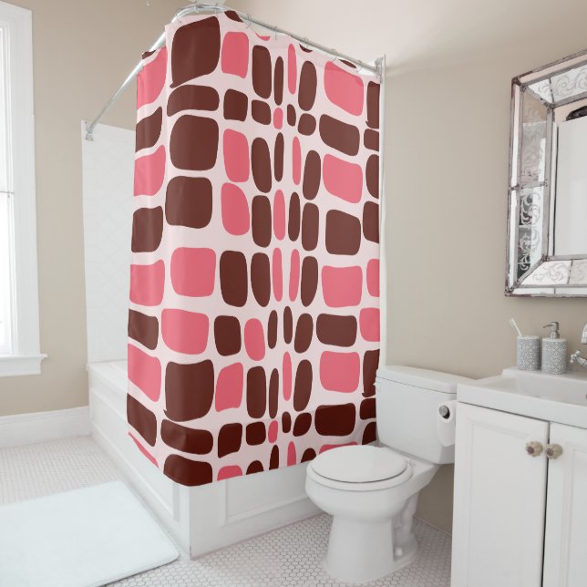 Retro Mod Pink & Chocolate Geometric Shower Curtain (In Situ)