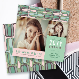 Retro Mod Pink & Mint Ogee 2 Photo Graduation Invitation