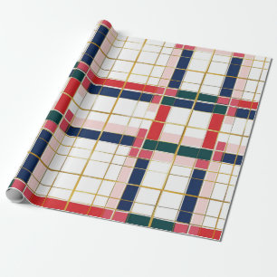 Retro MOD Plaid Red Blue Gold Wrapping Paper