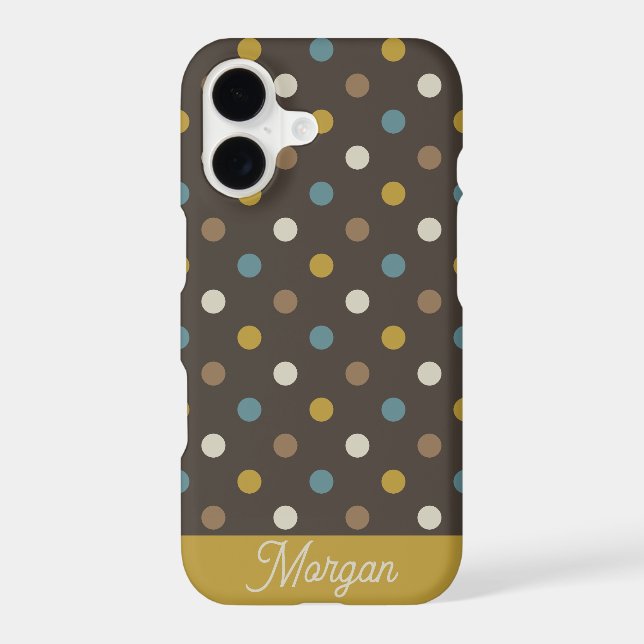 Retro Mod Polka Dots Blue Brown Name Personalized iPhone Case (Back)