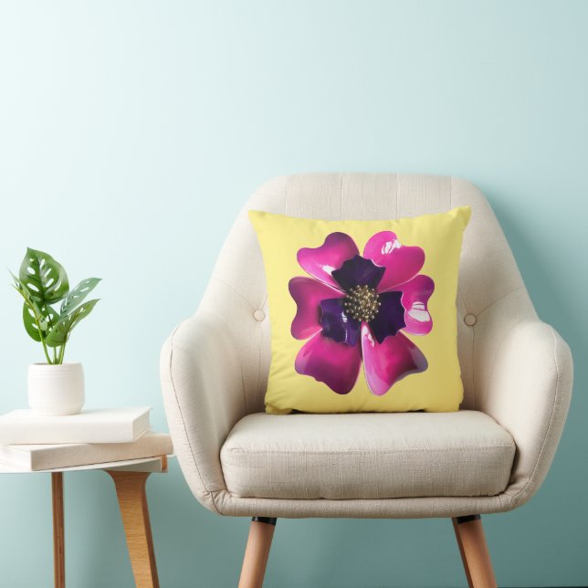 Retro MOD Purple Pansy Flower on Butter Yellow Throw Pillow (Chair)