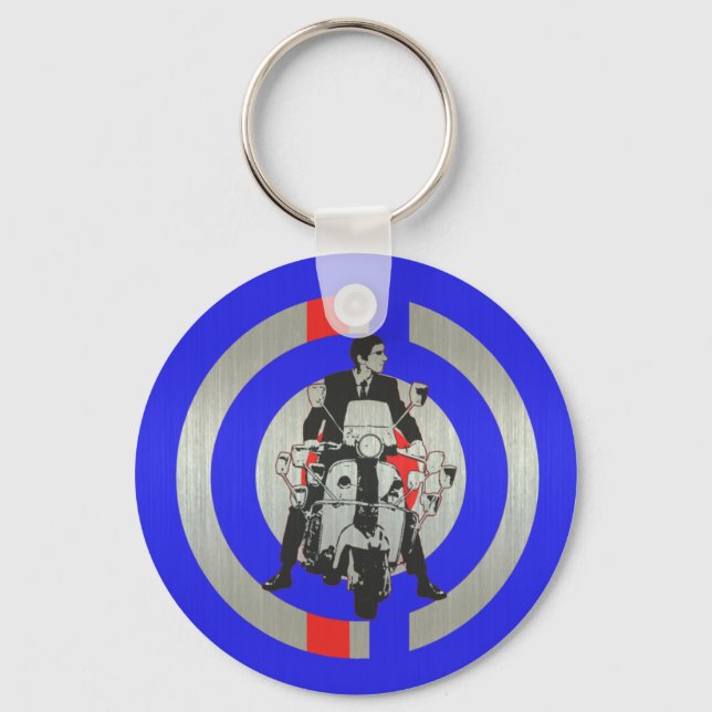 Retro Mod scooter rider metallic Keychain (Front)
