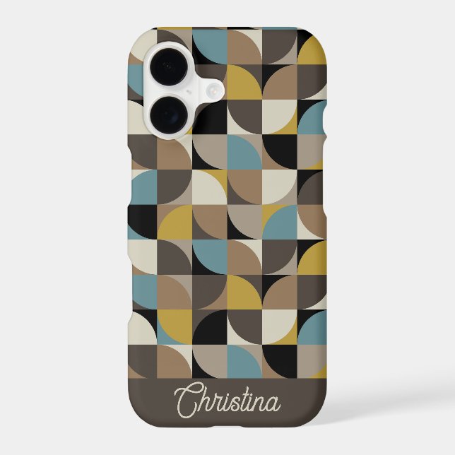 Retro Mod Squares Blue Brown Name Personalized iPhone Case (Back)