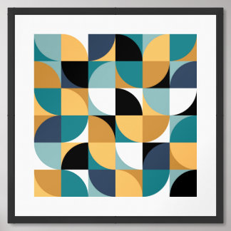 Retro Mod Squares in Teal Mustard Black White Aqua Framed Art