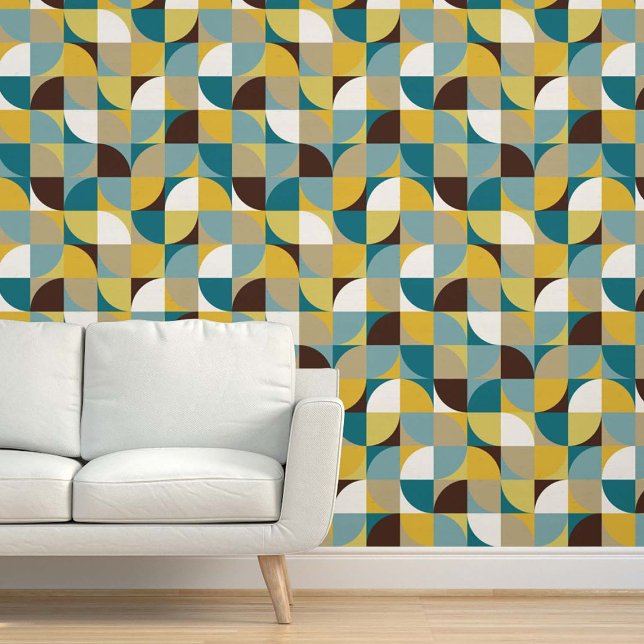 Retro Mod Squares Teal Blue Brown Mustard Yellow Wallpaper (Creator Uploaded)