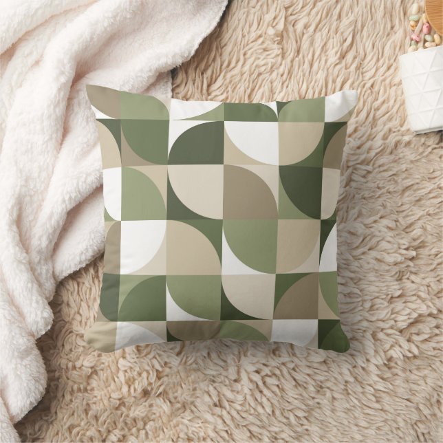 Retro Mod Squares Throw Pillow Sage Olive Beige  (Blanket)