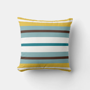 Retro Mod Stripes Mustard Yellow Blue Brown Throw Pillow