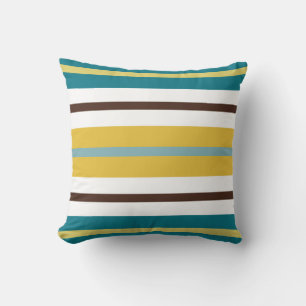 Retro Mod Stripes Mustard Yellow Teal Blue Brown Throw Pillow