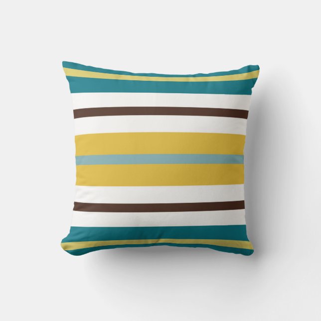 Retro Mod Stripes Mustard Yellow Teal Blue Brown Throw Pillow (Front)