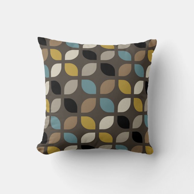 Retro Mod Trellis Pillow Blue Brown Mustard Beige (Front)